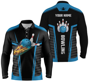 Customize bowling shirts for men with flame bowling balls and pins black blue bowling jerseys NQS4464