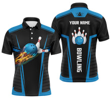 Load image into Gallery viewer, Customize bowling shirts for men with flame bowling balls and pins black blue bowling jerseys NQS4464