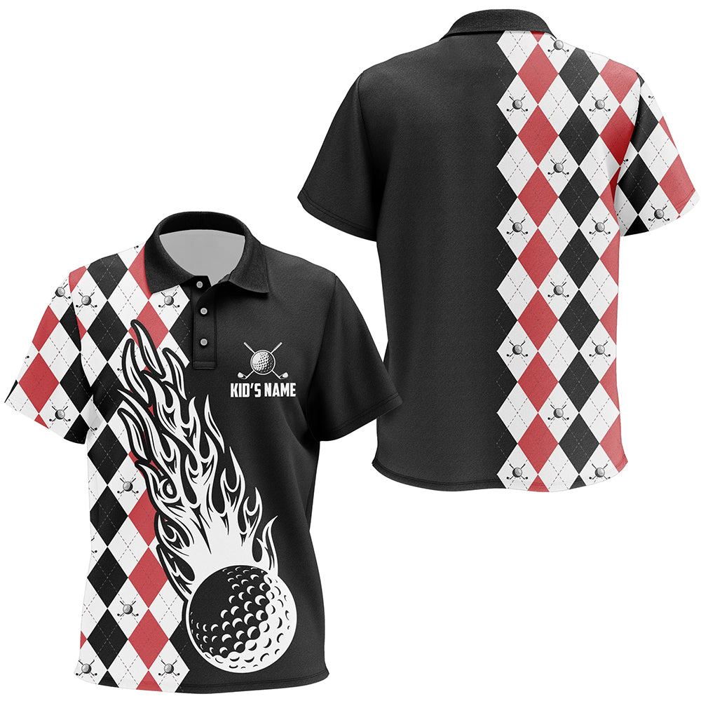 Kids golf polo shirts custom black and red argyle pattern golf ball fire cool golf shirt for kid NQS6932