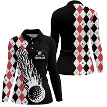 Load image into Gallery viewer, Women golf polo shirts custom black and red argyle pattern golf ball fire cool ladies golf shirt NQS6932