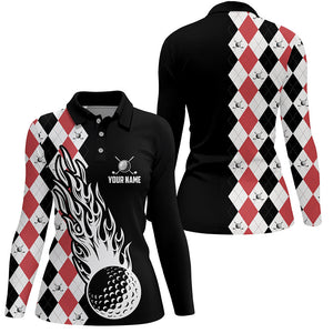 Women golf polo shirts custom black and red argyle pattern golf ball fire cool ladies golf shirt NQS6932