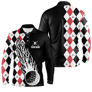 Mens golf polo shirts custom black and red argyle pattern golf ball fire cool men's golf shirt NQS6932