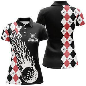 Women golf polo shirts custom black and red argyle pattern golf ball fire cool ladies golf shirt NQS6932