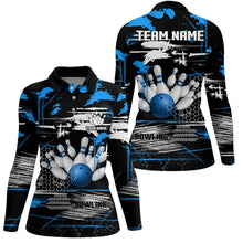 Load image into Gallery viewer, Women bowling polo shirts Custom black and blue retro Bowling Team league Jerseys, gifts for bowlers NQS7100