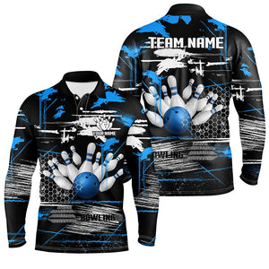 Mens Bowling polo shirts Custom black and blue retro Bowling Team league Jerseys, gifts for bowlers NQS7100