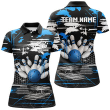 Load image into Gallery viewer, Women bowling polo shirts Custom black and blue retro Bowling Team league Jerseys, gifts for bowlers NQS7100