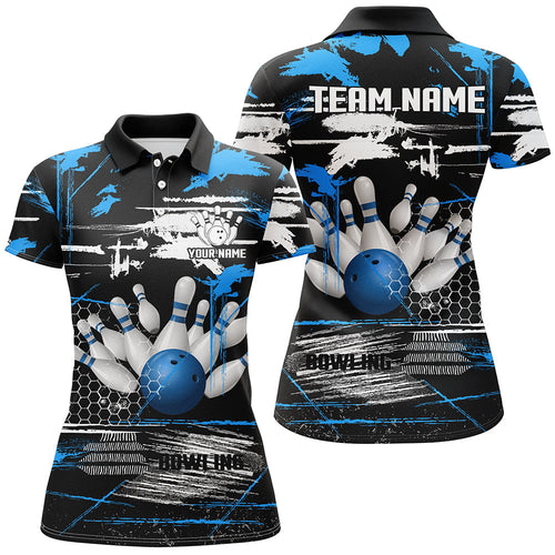 Women bowling polo shirts Custom black and blue retro Bowling Team league Jerseys, gifts for bowlers NQS7100