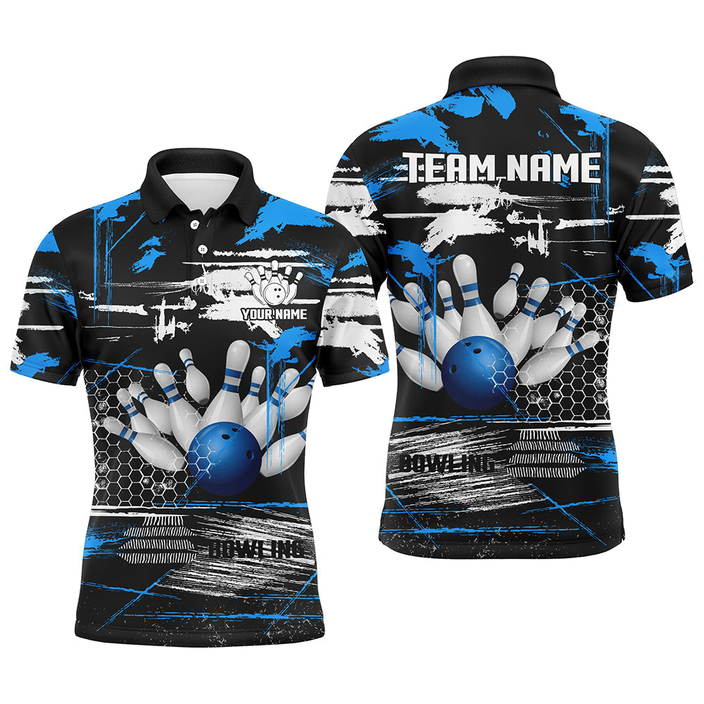 Mens Bowling polo shirts Custom black and blue retro Bowling Team league Jerseys, gifts for bowlers NQS7100