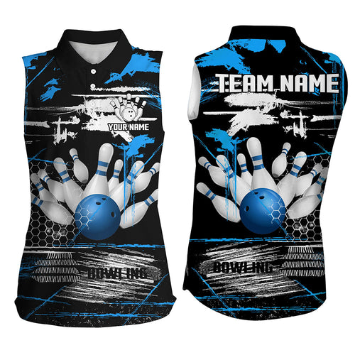 Women sleeveless polo shirt Custom black and blue retro Bowling Team league Jerseys, gifts for bowlers NQS7100