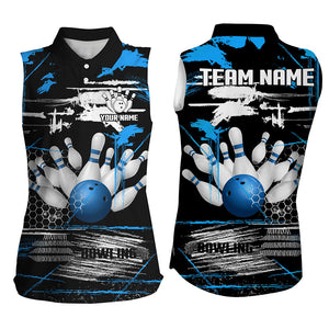 Women sleeveless polo shirt Custom black and blue retro Bowling Team league Jerseys, gifts for bowlers NQS7100