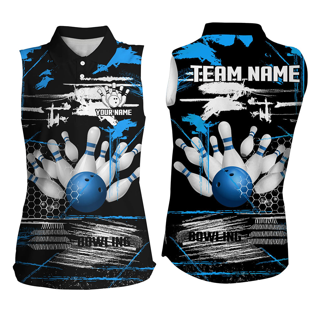 Women sleeveless polo shirt Custom black and blue retro Bowling Team league Jerseys, gifts for bowlers NQS7100