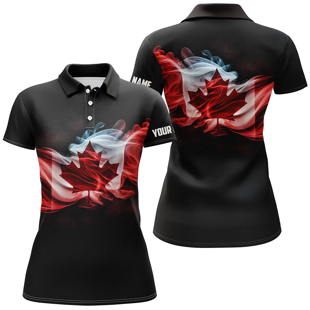 Women golf polo shirts custom smoke Canadian flag patriotic black golf tops for ladies, golfing gifts NQS6485