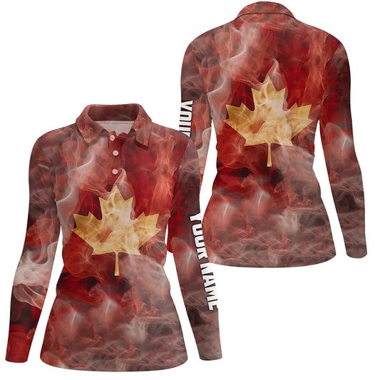 Women golf polo shirts custom smoke Canadian flag patriotic golf tops for ladies, golf gifts for women NQS6486