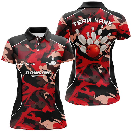 Women bowling polo shirts Custom bowling ball and pins red camo Bowling Team Jersey for women NQS6487