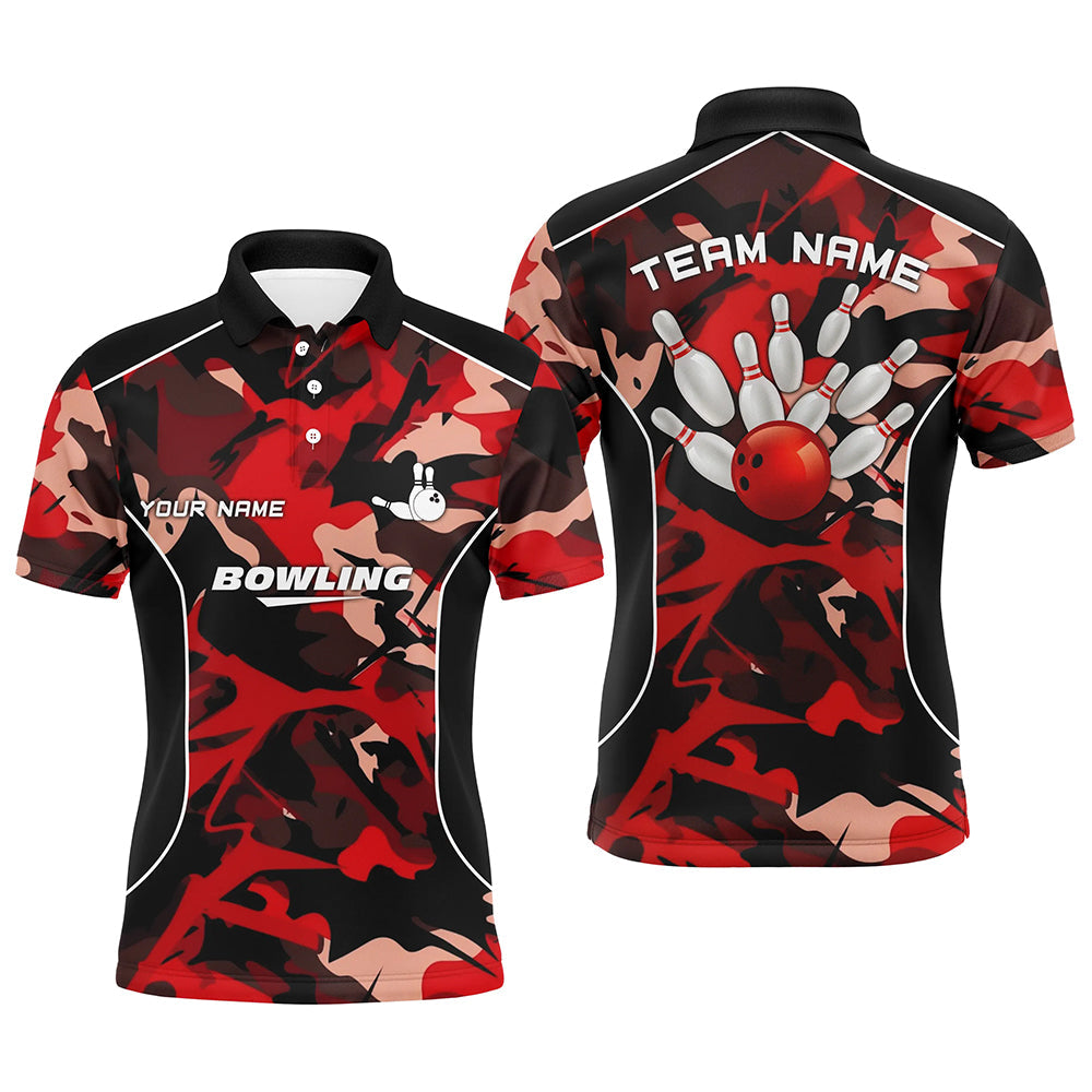 Mens polo bowling shirts Custom bowling ball and pins red camo Bowling Team Jersey for men NQS6487