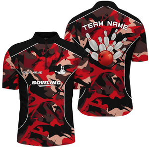 Men's bowling Quarter Zip shirts Custom bowling ball and pins red camo Bowling Team Jersey for men NQS6487