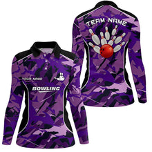 Load image into Gallery viewer, Women bowling polo shirts Custom bowling ball and pins purple camo Bowling Team Jersey for women NQS6488