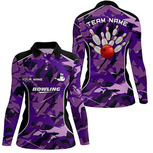 Women bowling polo shirts Custom bowling ball and pins purple camo Bowling Team Jersey for women NQS6488