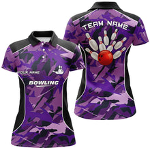 Load image into Gallery viewer, Women bowling polo shirts Custom bowling ball and pins purple camo Bowling Team Jersey for women NQS6488