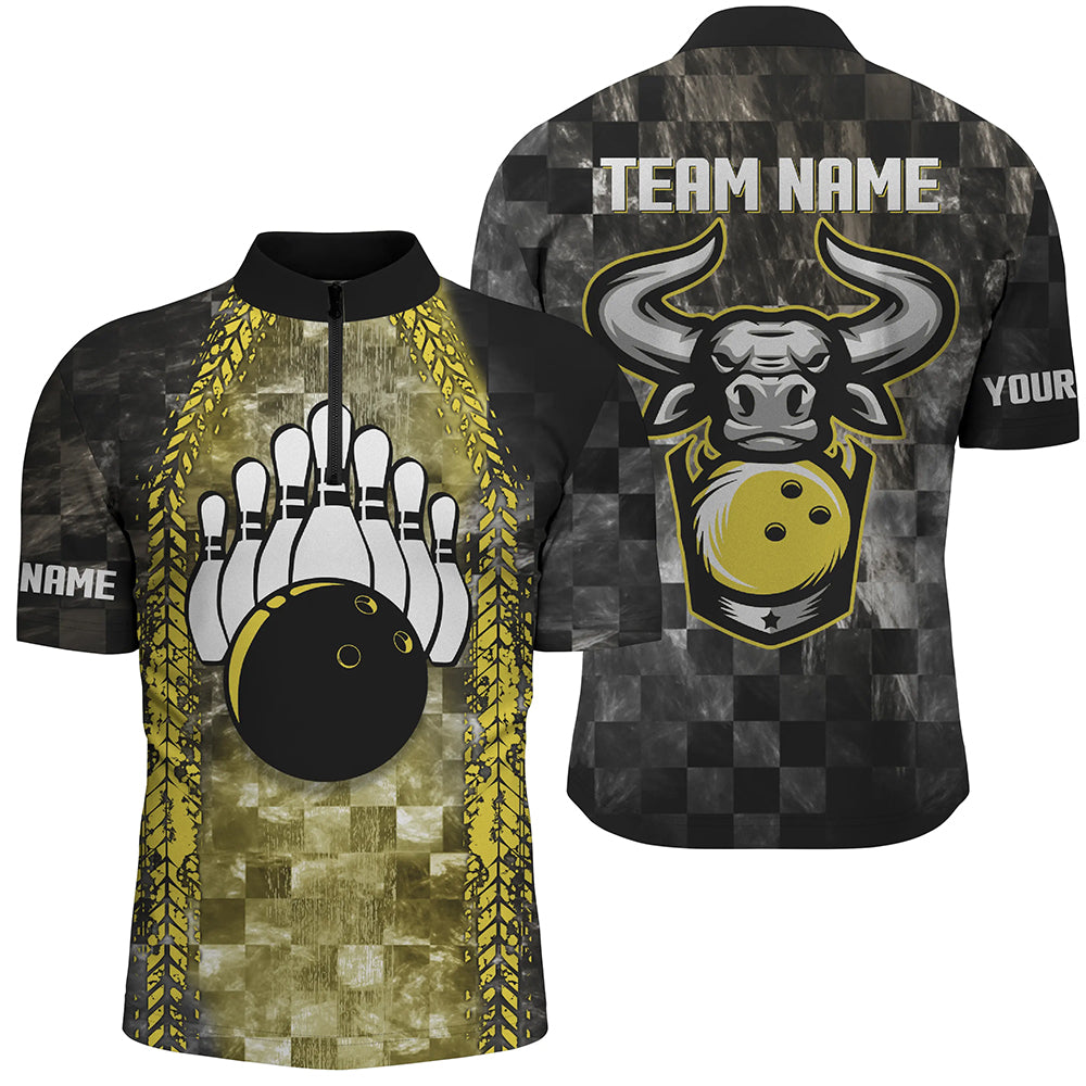 Bowling Bull Black And Yellow Mens bowling Quarter Zip shirts Custom bowling ball pins Team Jersey NQS6499