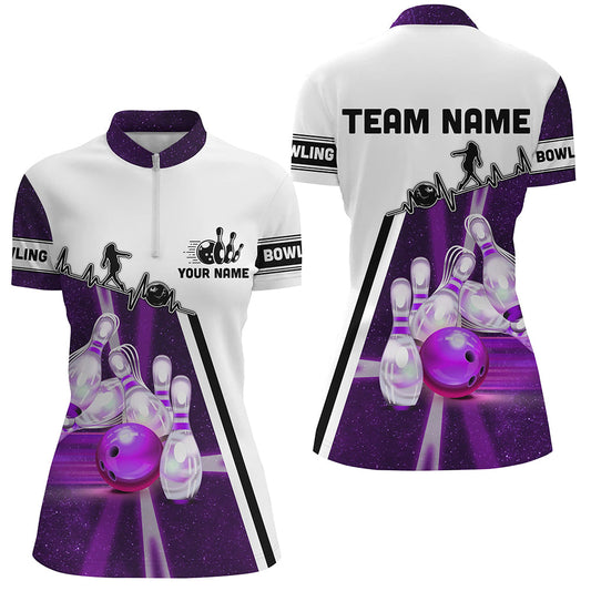 Purple galaxy light bowling ball pins custom Women bowling Quarter Zip shirt Team League jerseys NQS6768