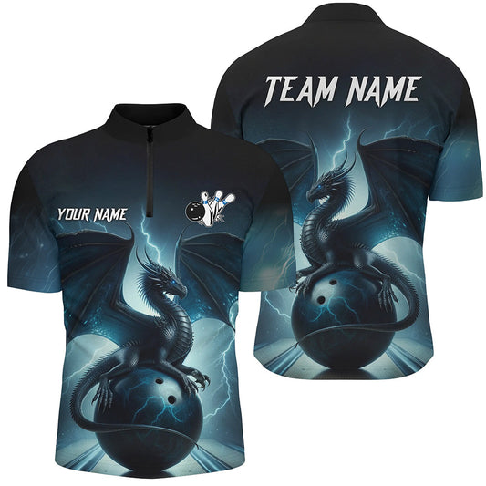 Dark Blue Lightning Thunder Custom Dragon Men's bowling Quarter Zip shirts , Team Bowling Jerseys NQS7228