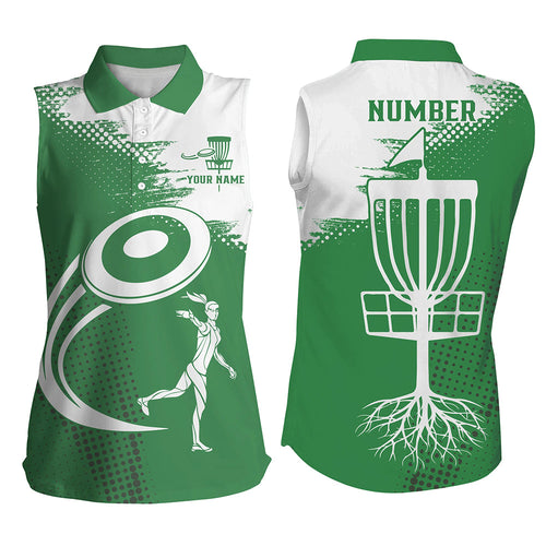 Green and white Womens Sleeveless disc golf polos shirts custom number disc golf basket jersey apparel NQS7232