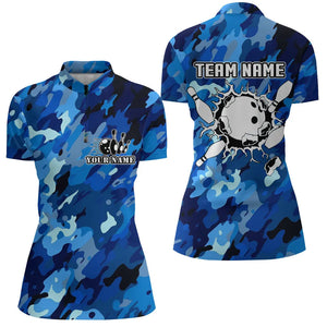 Bowling Quarter Zip shirts for women Custom bowling ball and pins blue camo Bowling Team Jersey NQS6285