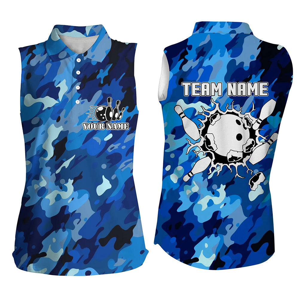 Bowling sleeveless polo shirts for women Custom bowling ball and pins blue camo Bowling Team Jersey NQS6285