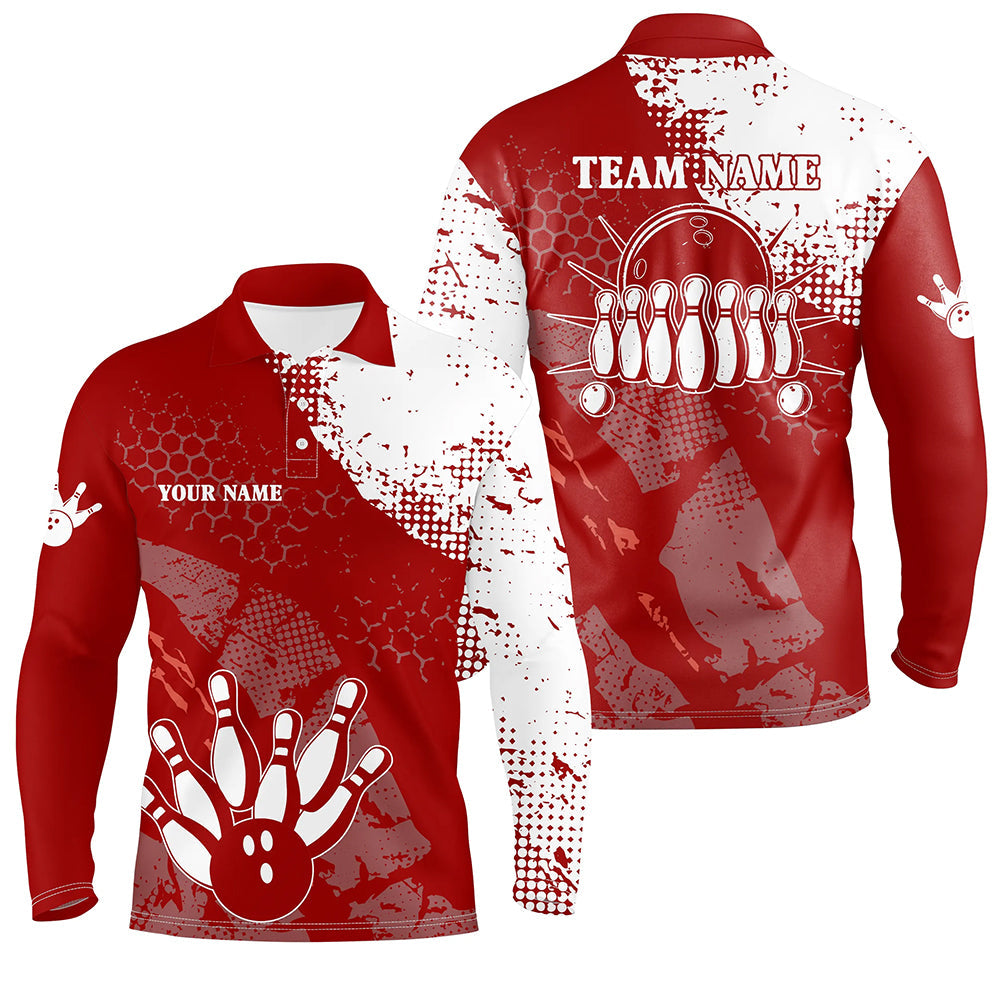 Red and white Mens polo bowling shirts Custom retro bowling ball pins bowling team league jerseys NQS6500