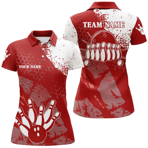 Red and white Women bowling polo shirts Custom retro bowling ball pins bowling team league jerseys NQS6500