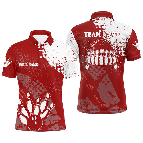 Red and white Mens polo bowling shirts Custom retro bowling ball pins bowling team league jerseys NQS6500