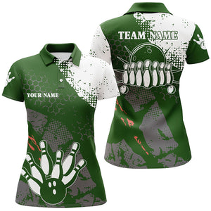 Green and white Women bowling polo shirts Custom retro bowling ball pins bowling team league jerseys NQS6501