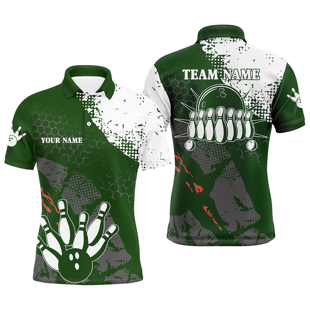 Green and white Mens polo bowling shirts Custom retro bowling ball pins bowling team league jerseys NQS6501