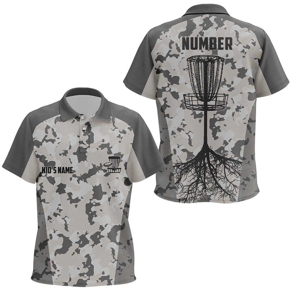 Disc golfing grey camo Kid disc golf polo shirts custom team disc golf attire, disc golf jerseys NQS6952