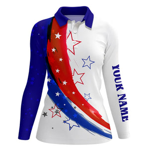 Personalized red, white and blue stars Womens golf polos shirts, custom golf apparel for ladies NQS7120