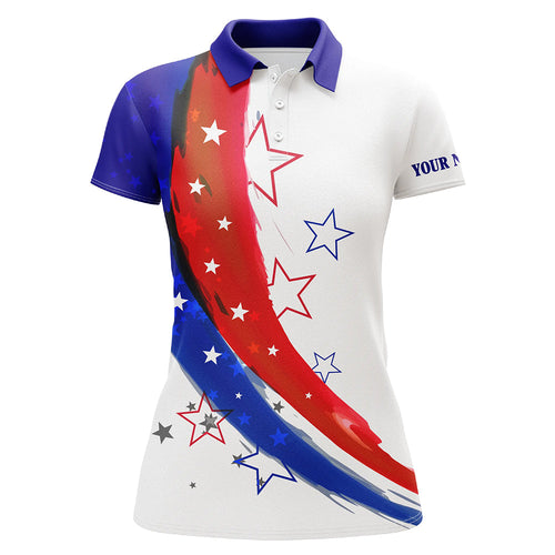 Personalized red, white and blue stars Womens golf polos shirts, custom golf apparel for ladies NQS7120