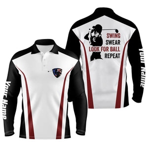 Swing swear look for ball repeat custom name funny black, white, red mens golf polo shirt NQS3887