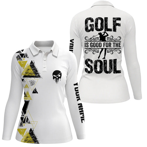 Personalized black yellow triangle custom white Womens golf polo shirts golf is good for the soul NQS6305