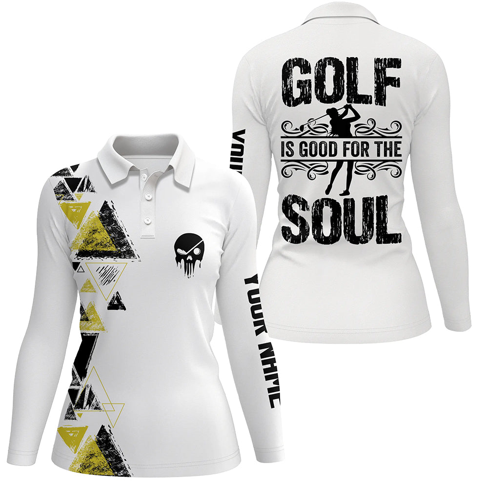 Personalized black yellow triangle custom white Womens golf polo shirts golf is good for the soul NQS6305