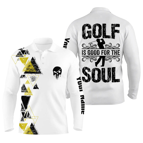 Personalized black yellow triangle custom white mens golf polo shirts golf is good for the soul NQS6305