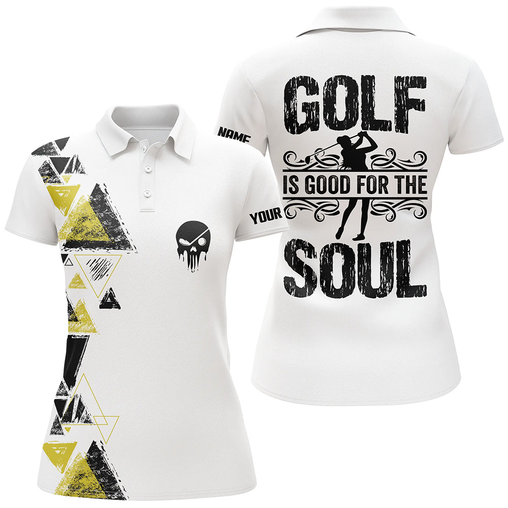 Personalized black yellow triangle custom white Womens golf polo shirts golf is good for the soul NQS6305