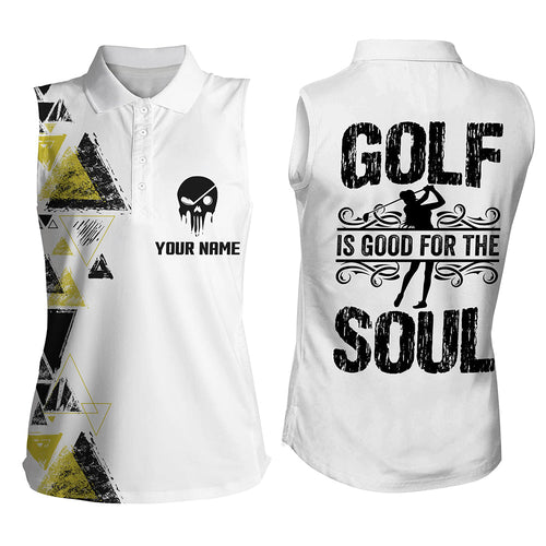 Personalized black yellow triangle custom white Womens sleeveless polo shirt golf is good for the soul NQS6305