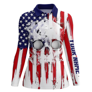 Womens golf polo shirts custom American flag skull golf gifts for women, patriotic ladies golf shirts NQS6776