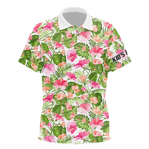 Kid golf polos shirts custom name blooming hibiscus and palm tropical pattern golf tops for Kid NQS7129