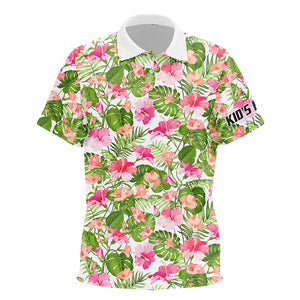 Kid golf polos shirts custom name blooming hibiscus and palm tropical pattern golf tops for Kid NQS7129