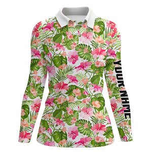 Womens golf polos shirts custom name blooming hibiscus and palm tropical pattern golf tops for ladies NQS7129