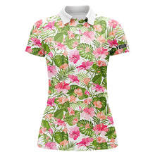 Load image into Gallery viewer, Womens golf polos shirts custom name blooming hibiscus and palm tropical pattern golf tops for ladies NQS7129