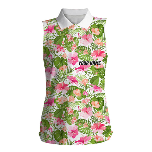 Womens sleeveless golf polos shirts custom blooming hibiscus and palm pattern golf tops for ladies NQS7129