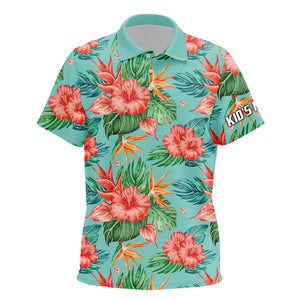 Kid golf polos shirts custom name green tropical flower hibiscus pattern golf tops for Kid NQS7130